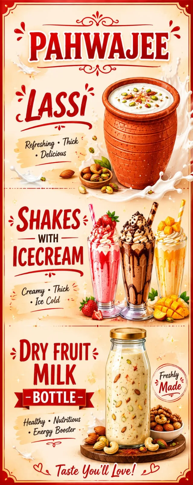 PAHWAJEE promotional artwork for lassi, shakes and dry fruit milk.