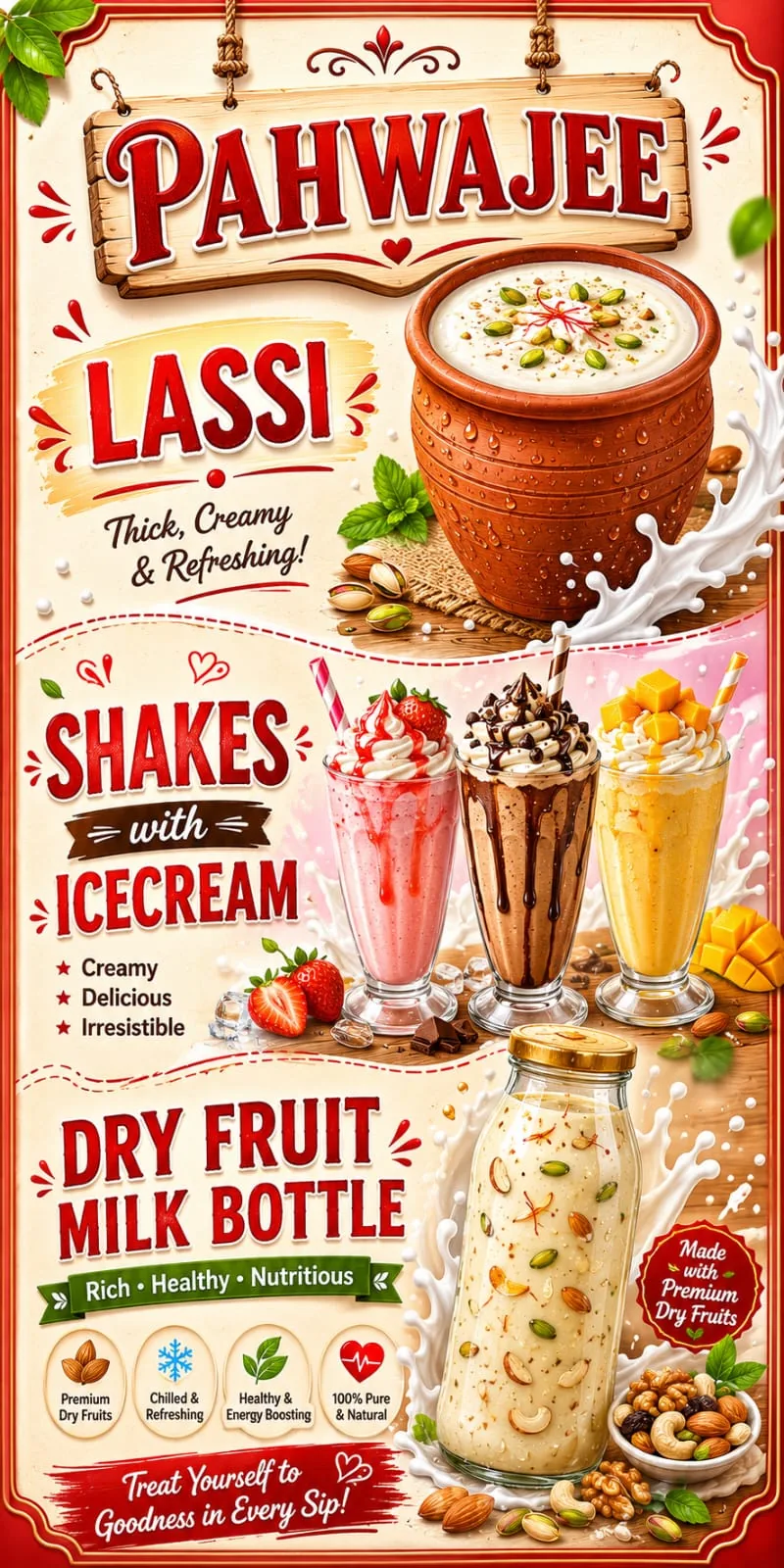 PAHWAJEE poster showing lassi, ice-cream shakes and dry fruit milk.