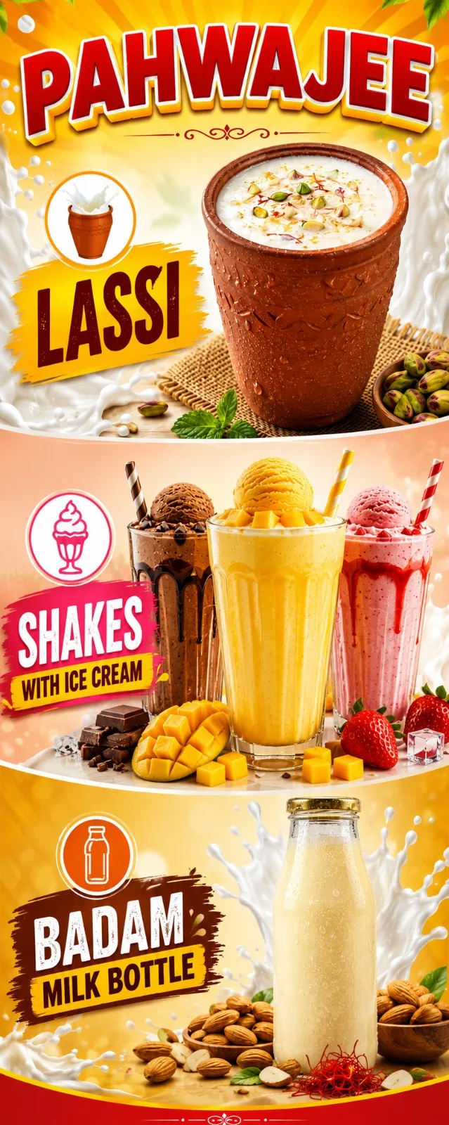 PAHWAJEE promotional poster advertising lassi, shakes and badam milk.