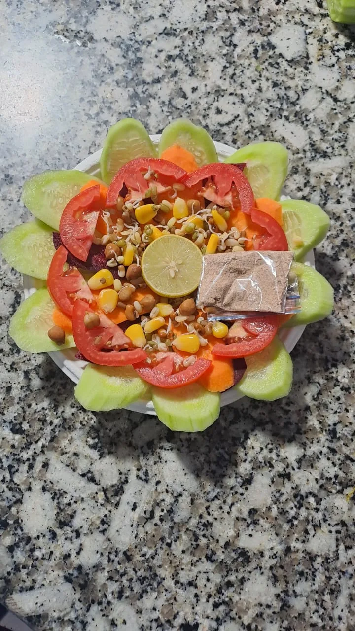 A salad plate with cucumber, tomato, corn, sprouts and lemon.