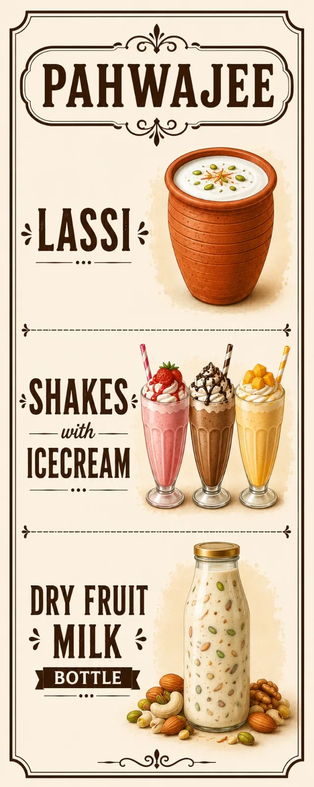 A PAHWAJEE poster showing lassi, shakes and dry fruit milk.