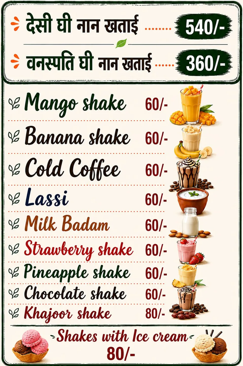 A photographed menu board listing Nankhatai varieties, shakes, coffee and lassi.